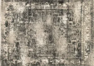 Viera Ash Rug with distressed vintage pattern in ash gray and cream tones, showcasing a graphic high-low pile texture