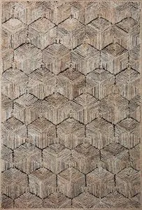 Beige rug with tone-on-tone geometric hexagonal pattern showing high-low pile texture and neutral tones