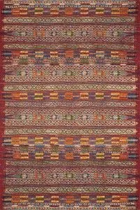 Rectangular red rug with abstract and tribal-inspired patterns in multicolored textured yarns, durable for indoor and outd...