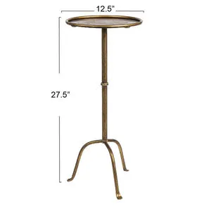 Arcadia Metal Martini Table with round tray top, slender centered pedestal, and three curved legs in gold finish