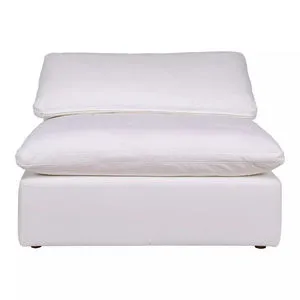 Clay Slipper Chair in white stain-resistant fabric with plush cushions and low, block-style base