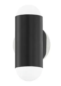 Kira 2 Light Wall Sconce front view with polished nickel backplate and black cylindrical shade framing frosted white glass...