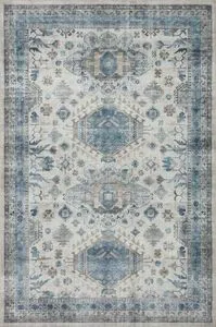 Heidi Ivory Ocean Rug with vintage-style old-world medallions in ivory and blue color palette