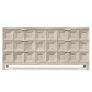 Prado dresser front view with metal drawer pulls visible on textured geometric overlays