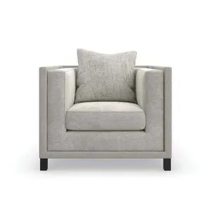 Tuxedo chair in neutral textured woven fabric with faux mohair interior arms, seat and back, metal deep bronze legs, and c...