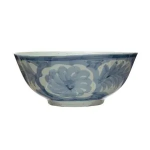 Product Image 1 for Hand Painted Stoneware Bowl with Floral Design, Blue and White from Creative Co-Op