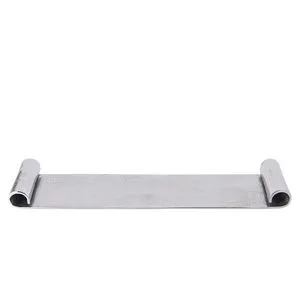 Long rectangular Metallic Serving Scroll Tray with rolled ends in raw nickel finish and subtle metallic sheen