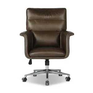Generously cushioned brown leather desk chair with soft curves, subtle stitching, and a modern chrome base with casters