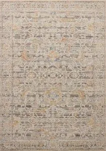 vintage style area rug in neutral grey, charcoal, and apricot with timeless textured motifs
