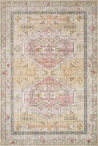 Skye Gold / Blush Rug with old-world design, geometric medallions in blush and gold tones on a textured beige background