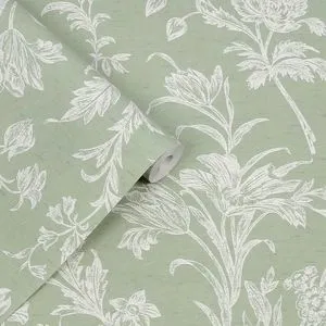 Rolled wallpaper showing texture and pattern repeat of Lloyd Sage Green Wallpaper