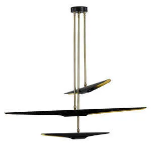 Concorde chandelier with triple-tiered aerodynamic blackened iron shades and gold leaf interiors hanging from three slende...