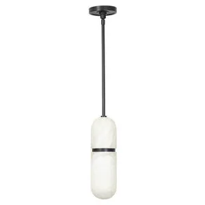 Salon Pendant with rounded alabaster bulb cover and black metal rod and ceiling mount