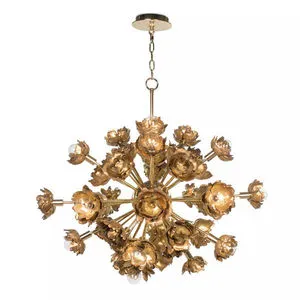 Adeline chandelier with multiple gold blossom-like accents arranged radially, suspended by a chain and ceiling mount