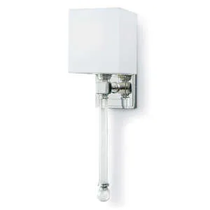 Modern wall sconce with a natural linen cube shade and suspended clear cut crystal stem ending in a clear ball finial