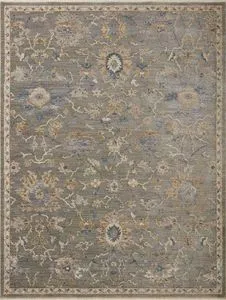 Giada Sage Gold Rug wide area style in rectangular shape highlighting floral and vine motifs in subtle gold and blue hues.