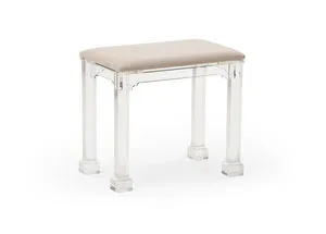 Clear acrylic Madison Bench with square legs and muslin-covered cushioned seat