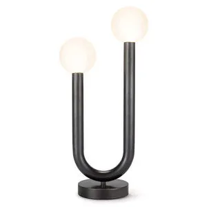 Happy Table Lamp with asymmetrical black metal tube frame, cylindrical base, and two matte white glass globe lights