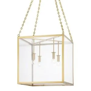 Medium pendant chandelier with four exposed bulbs in a clear glass cube frame suspended by gold chains