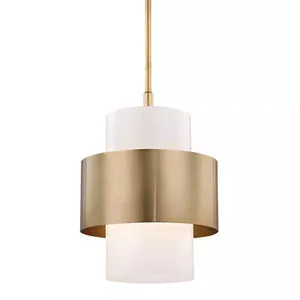 Large pendant light with white cylindrical glass shade encircled by a wide brushed gold metal band and suspended by a matc...