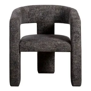 Elo Chair in dark textured fabric, plush foam seat, softly rounded back and arms, block-style legs