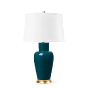 Kylie Lamp table lamp in dark teal glazed porcelain with white fabric shade and gold-tone base