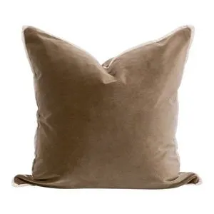 22-inch square caramel velvet pillow with subtle sheen and plush polyester-cotton blend fabric