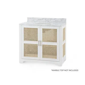 Ariel 2-Door Cabinet with white lacquered frame and handwoven bleached cane panels, polished nickel pulls on two doors