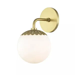 Paige 1 Light Bath Bracket with frosted globe shade and brass scalloped top, steel wall mount 14.75x7.5 inches