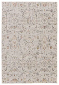 Traditional Waverly area rug with intricate floral patterns in white, light gray, gold, blue, green, and burnt orange
