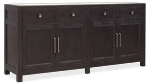 Driftwood Buffet in Burnt Timber finish with dark wood grain, four soft-close doors and four drawers, stone inset top