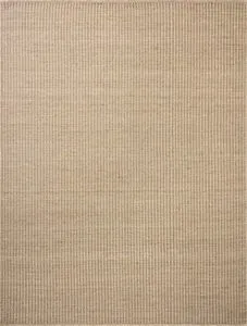 Neutral vertically striped area rug with whip-stitched edges in beige and dove tones