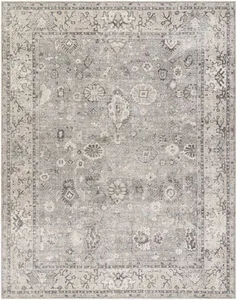 Davina taupe and gray machine woven area rug with traditional floral medallion pattern and distressed look