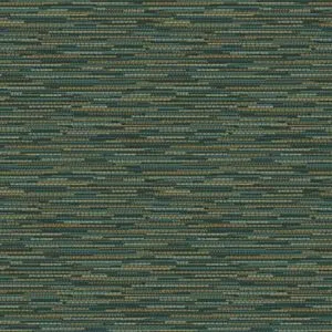 Woven grasscloth wallpaper in teal and subtle yellow stripes creating a textured, opulent look