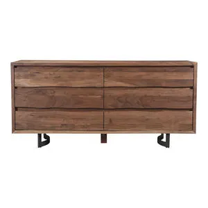 Solid acacia wood six-drawer dresser with rustic live edge and metal curved legs in smoked finish