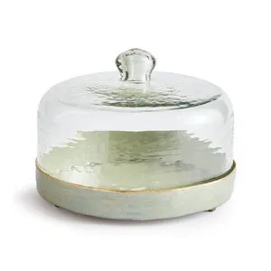 Kammie Tray with hammered glass cloche, muted green enamel iron tray with gold foil edging