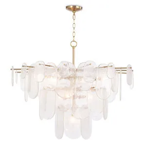 Echo Chandelier with multiple overlapping translucent water glass panes and warm gold metal frame