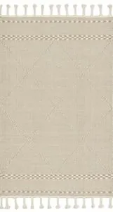 Sawyer Sand Rug with a diamond pattern and decorative twin stripe borders in neutral sandy tones, finished with playful fr...