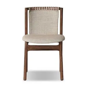 Midcentury-inspired Baden Dining Chair with minimalist dark wood frame, low back, and beige upholstered float-like seat