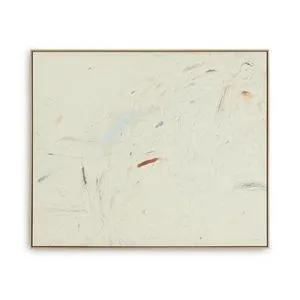 Abstract-expressionist painting with soft cream background and subtle scribbles in muted tones, framed in light wood