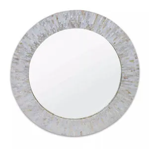 Round Chantal Mirror with a white and natural mosaic-style frame featuring intricate tile detailing