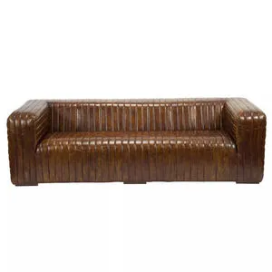 Castle Sofa in brown top-grain leather with channel-stitched design and deep, firm cushioning in an industrial style