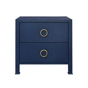 Edelman Side Table in navy blue with two drawers and brass ring pulls, modern silhouette with textured finish