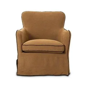 Small-scale Devon Slipcover Swivel Chair in warm flax linen with radiused arms and wing-shaped back, contrast overlock seams