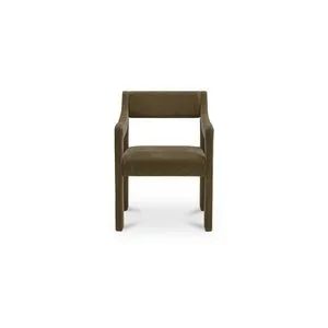 Elise Dining Chair in performance fabric with gently sloped arms, continuous frame, and piping around edges in brown