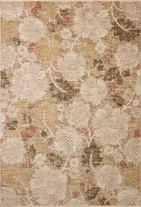 Modern botanical area rug with large-scale floral design in natural beige, rust, gold, and olive tones