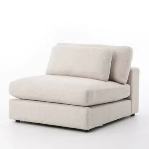 Armless modular chair with deep cushions and low seating in light grey woven fabric