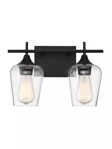 Two-light bath bar with large curved clear glass shades and English bronze finish, mounted as downlight