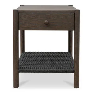Millie nightstand with dark wood frame, single drawer, rounded legs, and black woven paper rope lower shelf