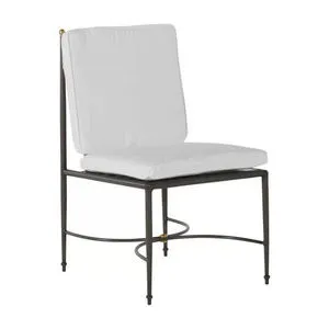 Roma Slate Gray Aluminum Side Chair with white cushions, metal frame with decorative circular details and brass accent